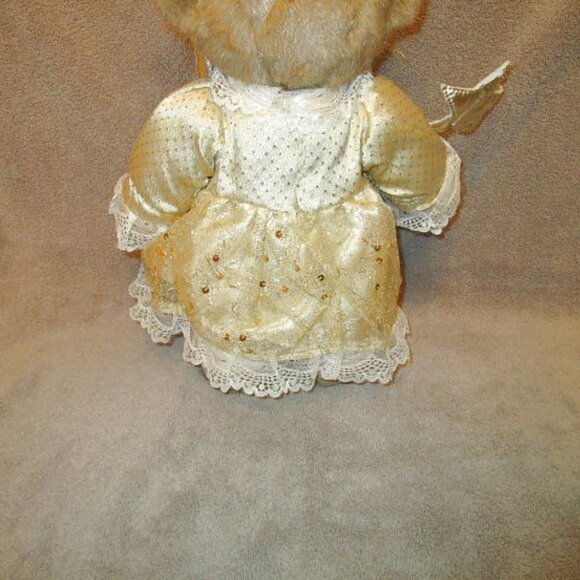 17" Christmas Star FAIRY BEAR Plush GOLD Wand DRESS Standing WOOD Decor VINTAGE - Picture 7 of 12